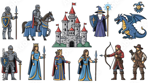 Medieval fantasy characters and locations include brave knights, a majestic castle, a wise wizard, a fierce dragon, and royalty.