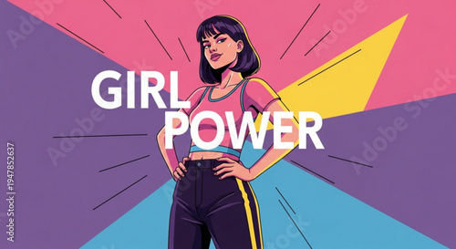 Empowered young woman with girl power text colorful background