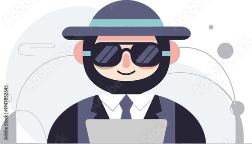 Stylized man with beard, sunglasses, and hat working on laptop