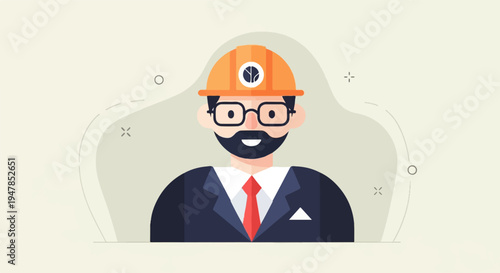 Stylized male professional with hard hat, suit, glasses, and beard on light background