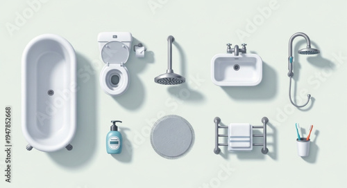 Bathroom Fixtures and Accessories Arranged Neatly on a White Surface.