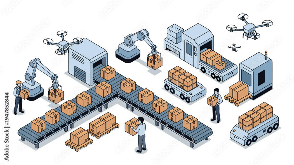 Fototapeta premium Modern automated distribution center uses robots, drones, and conveyor belts to efficiently process and sort delivery packages.