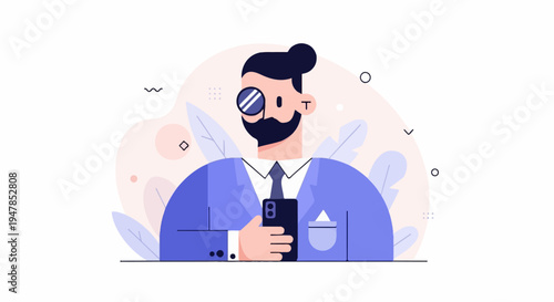 Stylized man in a blue suit holds a smartphone and peers through a monocle