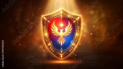 Majestic heraldic shield with phoenix emblem and celestial motifs