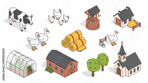 Rural farm elements include domestic animals like a cow and geese, a traditional barn, a water well, and a plant greenhouse.
