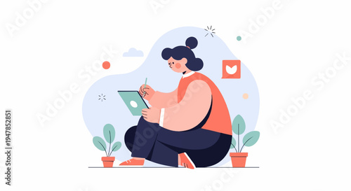 Stylized illustration of a person drawing on a tablet with plants