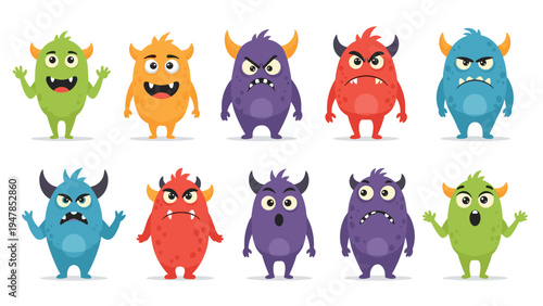 Group of cute and colorful cartoon monsters displays various funny expressions and unique shapes for children's design projects.