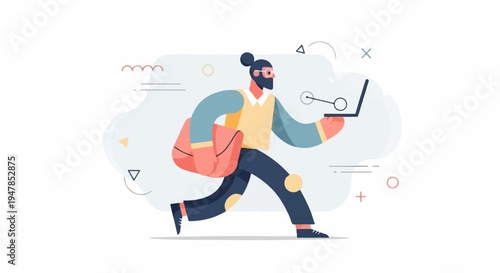 Stylized man with bun, glasses, and beard running with a laptop and bag