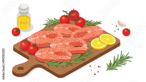 Delicious raw salmon steaks are prepared on a cutting board with fresh herbs, cherry tomatoes, lemon slices, and olive oil.