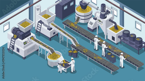 Food production facility shows workers in white uniforms managing a conveyor belt system to process and package raw materials.
