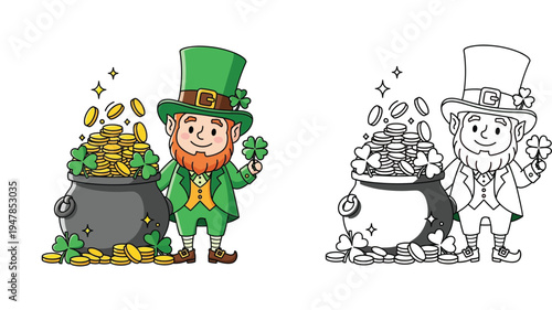 Cute St. Patrick's Day leprechaun with a pot of gold coins and shamrocks. Colored and black and white line art vector illustration for coloring page.