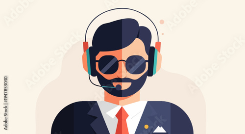 Stylized illustration of a person in a suit wearing headphones and sunglasses