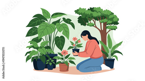 Young woman enjoys her gardening hobby by carefully tending to a variety of green houseplants in a peaceful indoor setting.