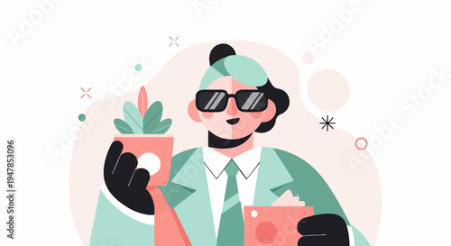 Stylized illustration of a person in sunglasses holding a potted plant and a tablet