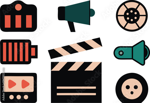 Collection of colorful media and cinema icons including a camera, speaker, film reel, battery, clapboard, and socket, representing entertainment and filmmaking