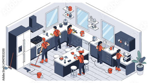 Professional cleaning crew in orange uniforms performs deep cleaning of a modern commercial kitchen using various tools.