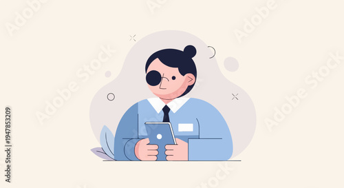 Stylized illustration of a person wearing an eye patch and holding a tablet