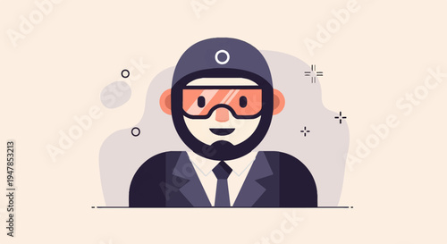 Stylized illustration of a person wearing a helmet and goggles, business attire