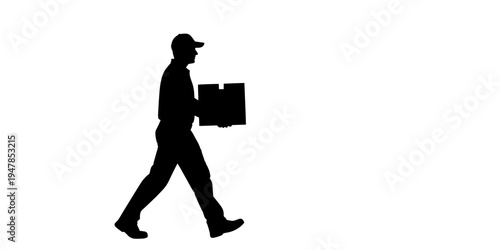 Purposeful minimalist silhouette of a man walking with a delivery box representing courier service and logistics isolated on a white background