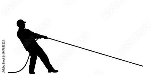 A minimalist graphic silhouette captures the determined effort of a worker pulling a heavy rope or cable against a white background.