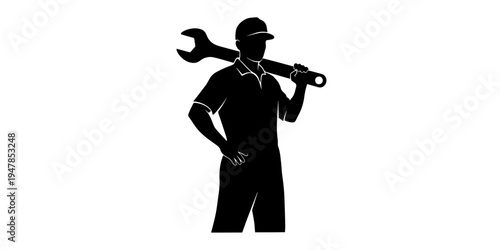 Minimalist silhouette graphic illustration of a professional mechanic or worker in a confident pose holding a large wrench symbolizing skilled labor and service