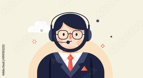 Stylized illustration of a person wearing headphones and glasses, facing forward