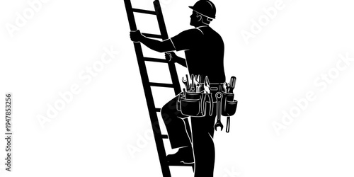 Determined minimalist silhouette of a handyman climbing a ladder to represent hard work and progress in construction and industrial settings