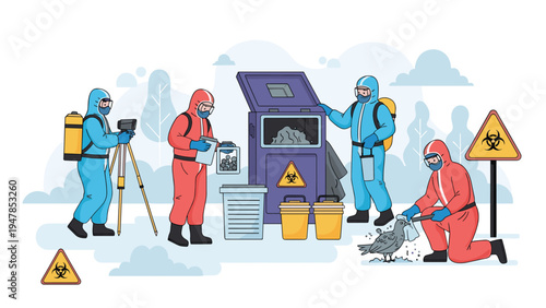 Environmental specialists in protective hazmat suits collect and analyze hazardous waste samples near a biohazard container.