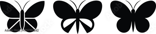 Three stylized black butterfly icons with distinct geometric patterns on their wings, presented on a white background