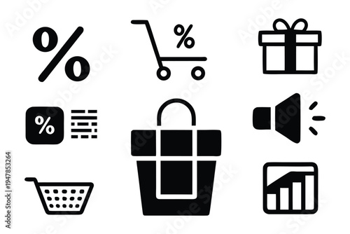 Versatile minimalist black and white vector icons for e-commerce, sales, marketing, and promotional activities