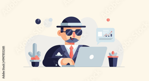 Stylized man in a hat and suit works on a laptop with plants