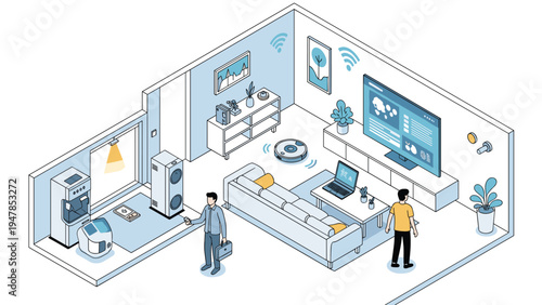 Intelligent living space showcases smart home devices including a robotic vacuum cleaner, large television, and automation.