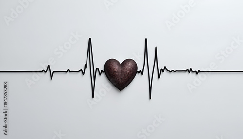 Isolated electrocardiogram with heart, a medical symbol, in black color, on plain background.