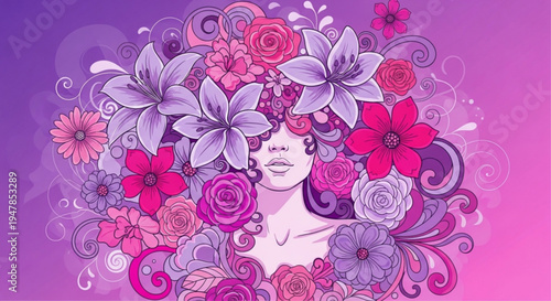 Woman with vibrant floral hair surrounded by pink and purple flowers on gradient background