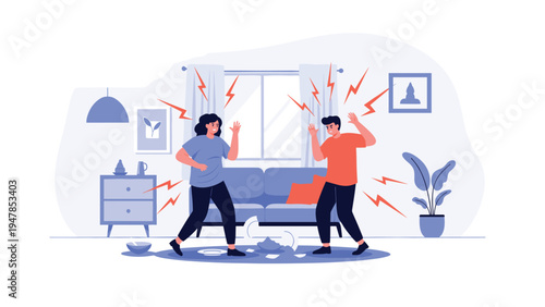 Emotional conflict unfolds as a man and woman argue intensely in their living room with broken dishes on the floor.
