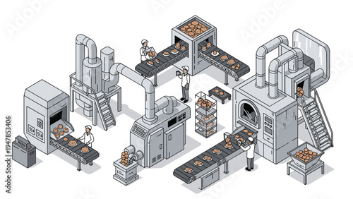 Modern industrial bakery utilizes automated machinery and conveyor belts to mass-produce bread and pastry products.