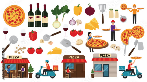 Extensive collection of pizza elements features ingredients, kitchen tools, delivery scooters, and different restaurant storefronts.