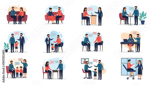 Diverse collection of scenes depicts people engaged in professional consultations, business meetings, and medical visits.