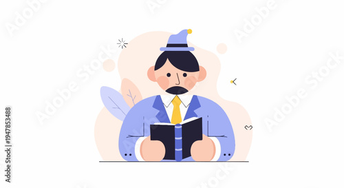 Stylized man in a suit and hat reads a book amid abstract shapes