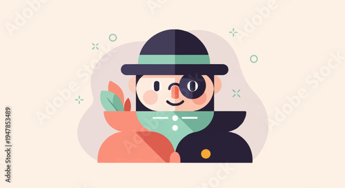 Stylized illustration of a person with a hat and monocle