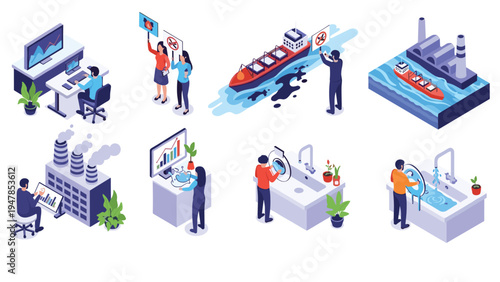 Detailed isometric collection illustrates causes of environmental pollution and actions for ecological protection and monitoring.