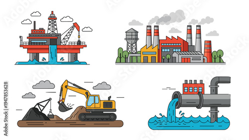 Graphic illustration shows various sources of industrial impact including offshore drilling, factory emissions, and heavy excavation.