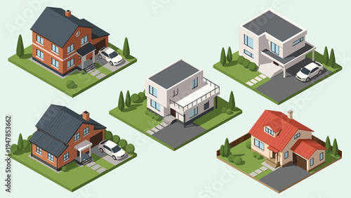 Collection of five diverse residential house designs presented in isometric view with lawns, driveways, and cars.