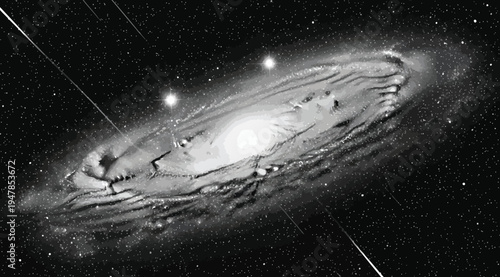 A stunning spiral galaxy with bright core and sweeping arms in deep space surrounded by stars and celestial bodies