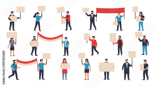 Diverse group of people participate in a demonstration holding various blank signs and banners for their social causes.