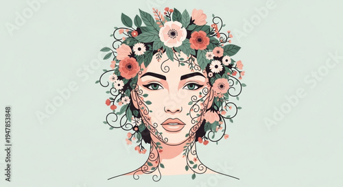 Woman with floral crown and intricate face paint on a light green background symbolizing nature and beauty