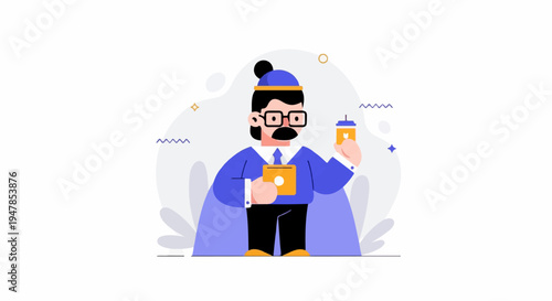 Stylized man in blue suit, holding yellow box and cup