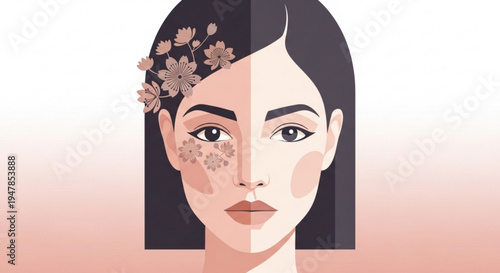 Woman with flawless and acne prone skin flowers in hair contrasting facial complexion skincare concept