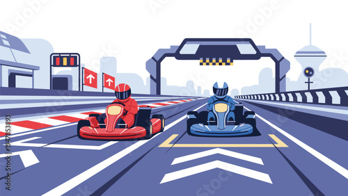 Two professional drivers in red and blue karts competing on a racing track near the finish line under a clear sky for a sporting event.