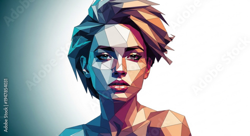 Geometric portrait of a woman with short hair in colorful polygonal style on white background